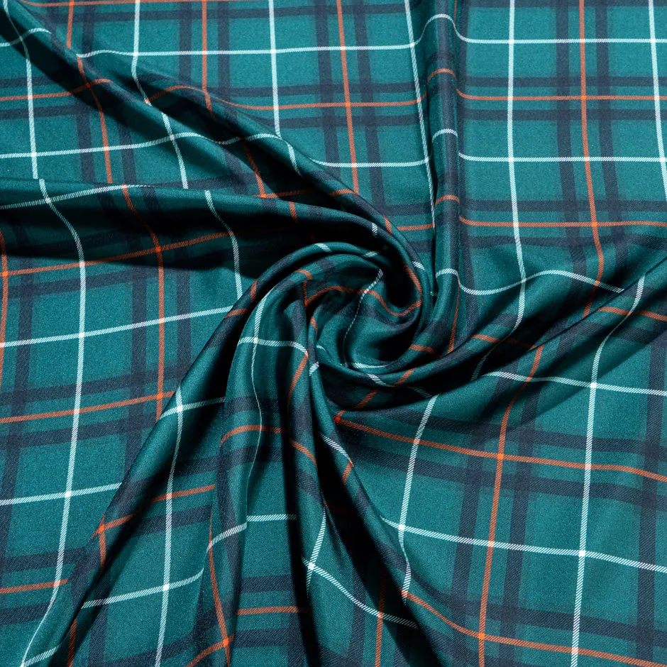 Dark Teal Green Tartan Checkered Silk Twill