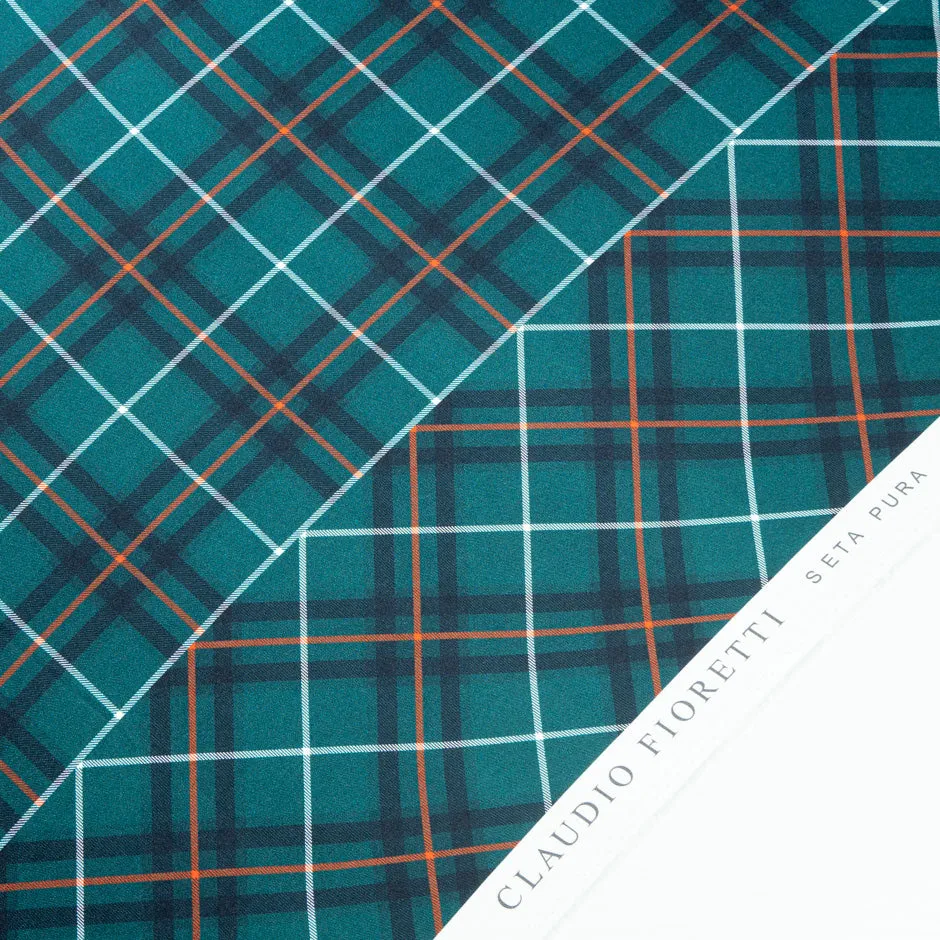 Dark Teal Green Tartan Checkered Silk Twill