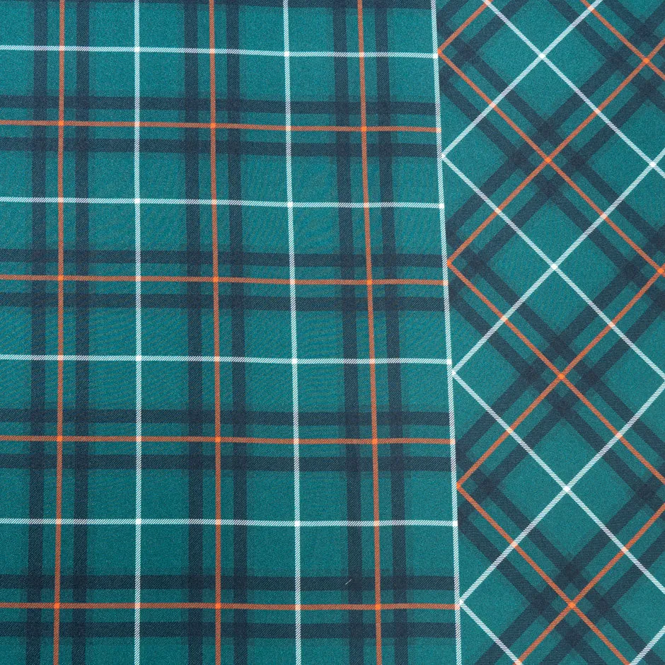 Dark Teal Green Tartan Checkered Silk Twill