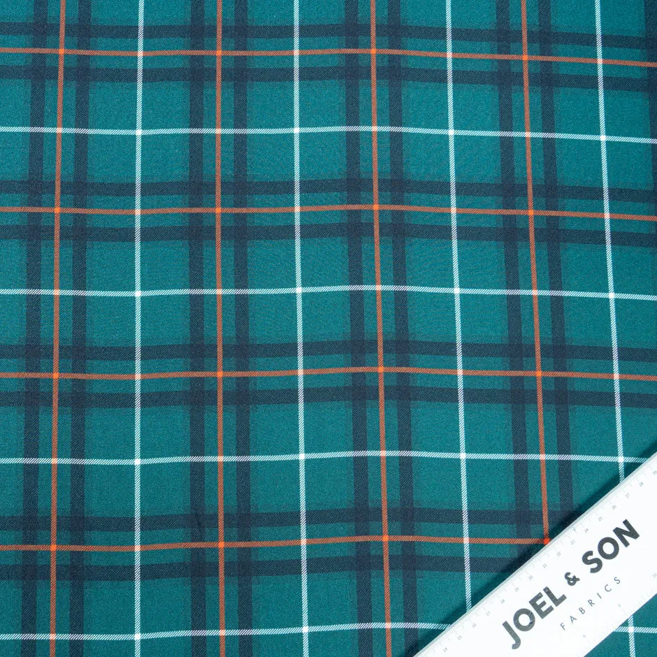 Dark Teal Green Tartan Checkered Silk Twill