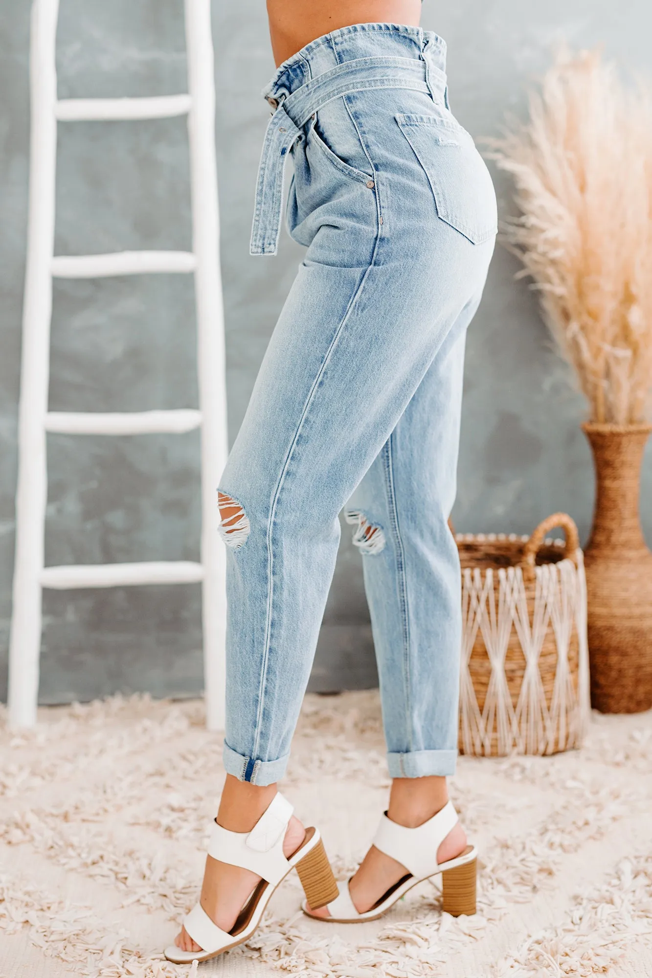 Daylight Magic Kancan High Rise Belted Paperbag Mom Jeans (Light)