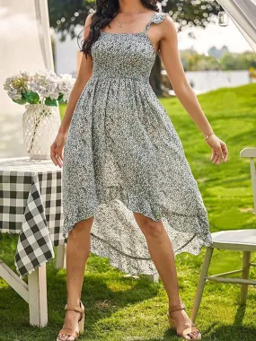 deanwangkt Floral Print Sleeveless Backless Ruffles Irregular Hem Holiday Midi Dress For Women