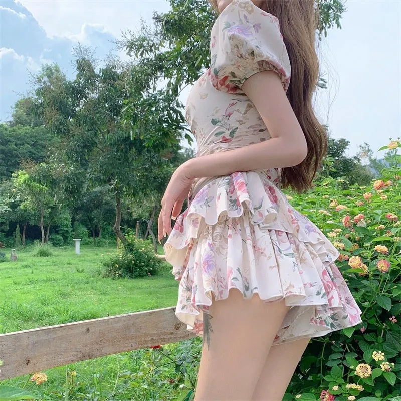 deanwangkt  Summer French Romantic Floral Mini Romper Square Collar Flowers Printed Chiffon Tiered Playsuit Cute Kawaii Feminine Romper  Fairy Dress