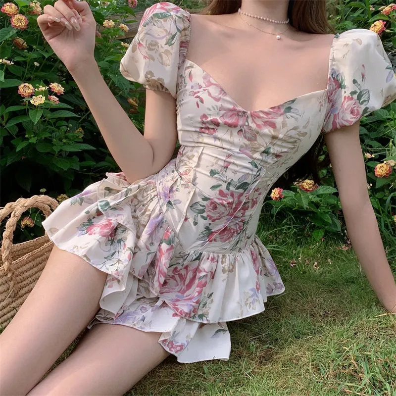 deanwangkt  Summer French Romantic Floral Mini Romper Square Collar Flowers Printed Chiffon Tiered Playsuit Cute Kawaii Feminine Romper  Fairy Dress