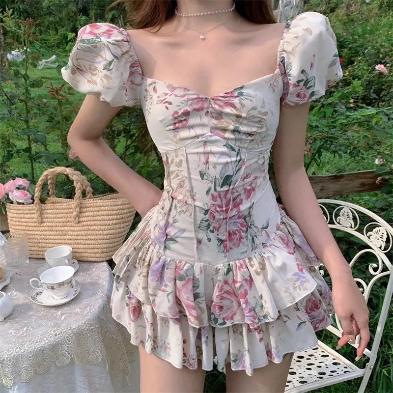 deanwangkt  Summer French Romantic Floral Mini Romper Square Collar Flowers Printed Chiffon Tiered Playsuit Cute Kawaii Feminine Romper  Fairy Dress