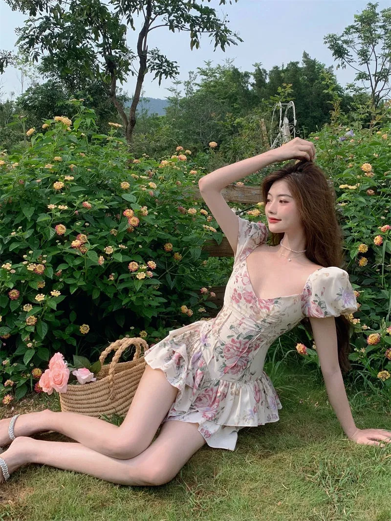 deanwangkt  Summer French Romantic Floral Mini Romper Square Collar Flowers Printed Chiffon Tiered Playsuit Cute Kawaii Feminine Romper  Fairy Dress