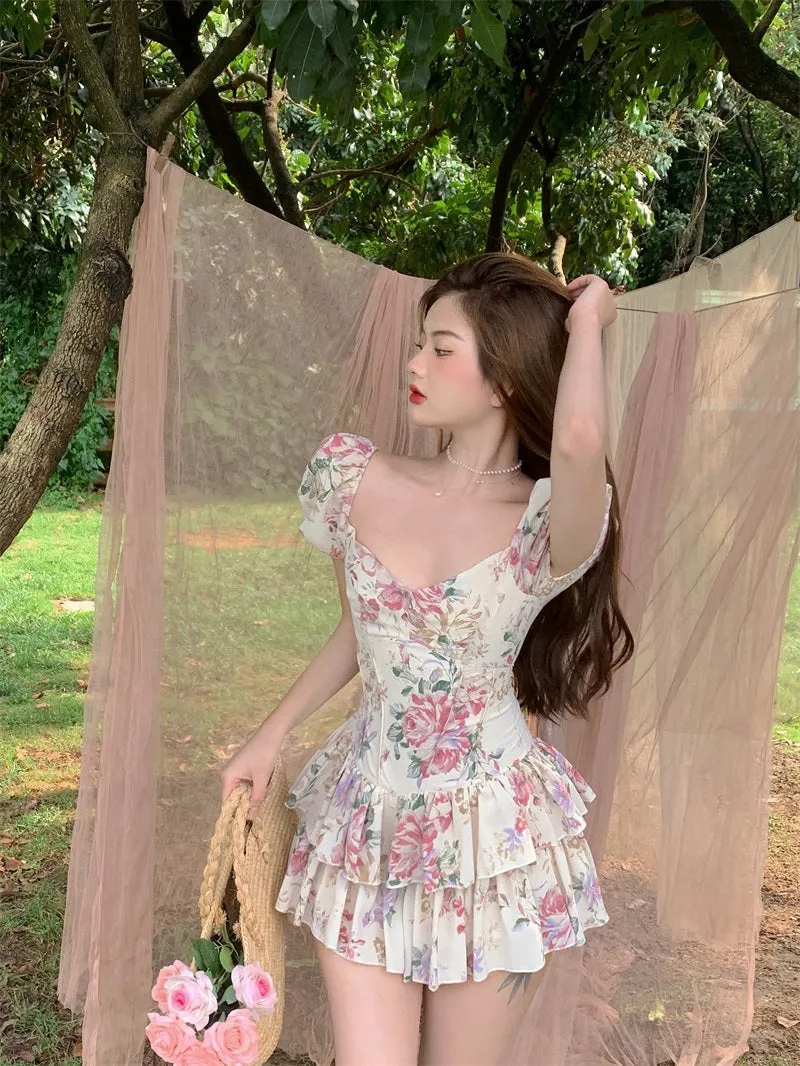 deanwangkt  Summer French Romantic Floral Mini Romper Square Collar Flowers Printed Chiffon Tiered Playsuit Cute Kawaii Feminine Romper  Fairy Dress