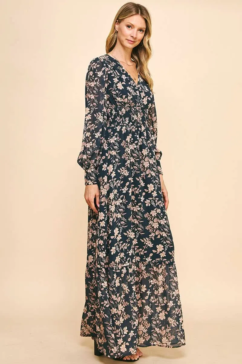 Deep Navy Floral Print Maxi Long Sleeve Dress