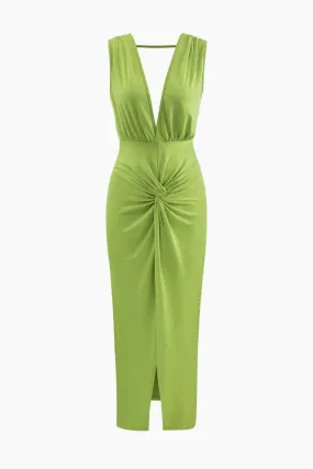 Deep V-neck Backless Slit Midi Dress