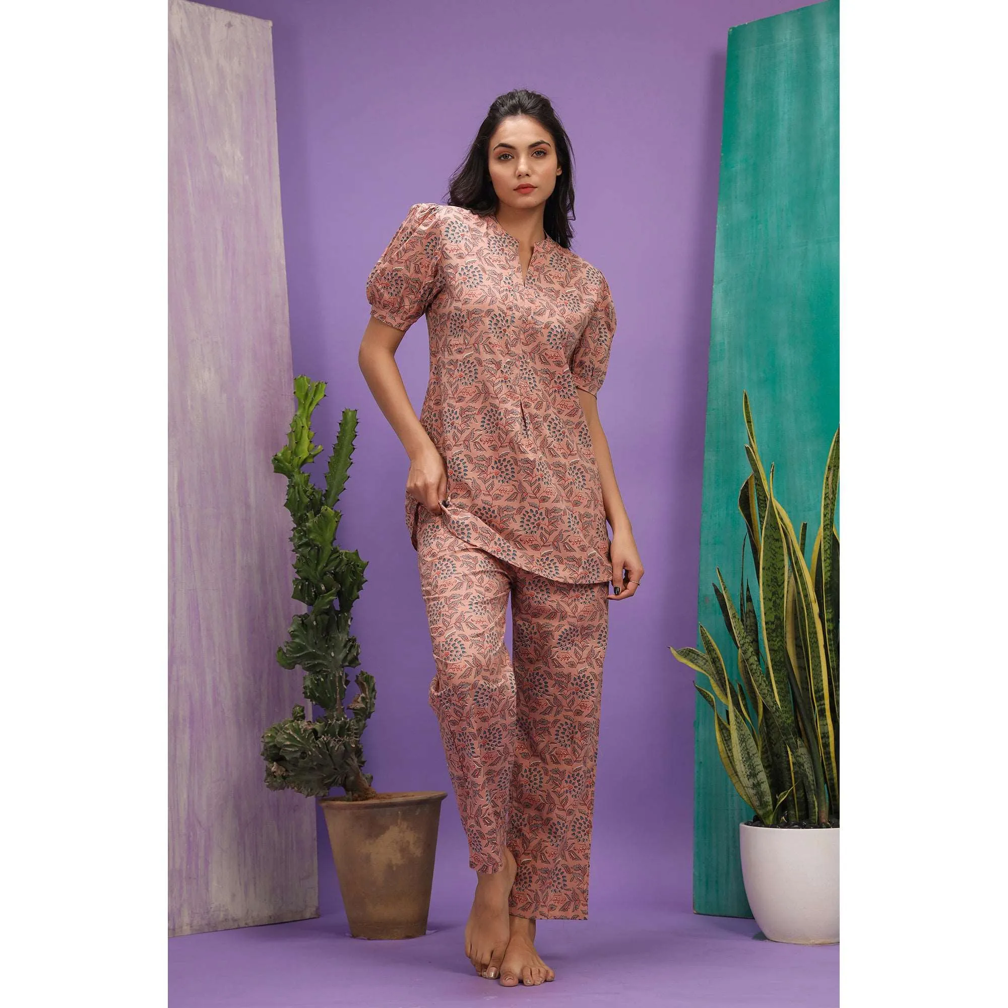 Delicate Jaal On Peach Loungewear Top Set