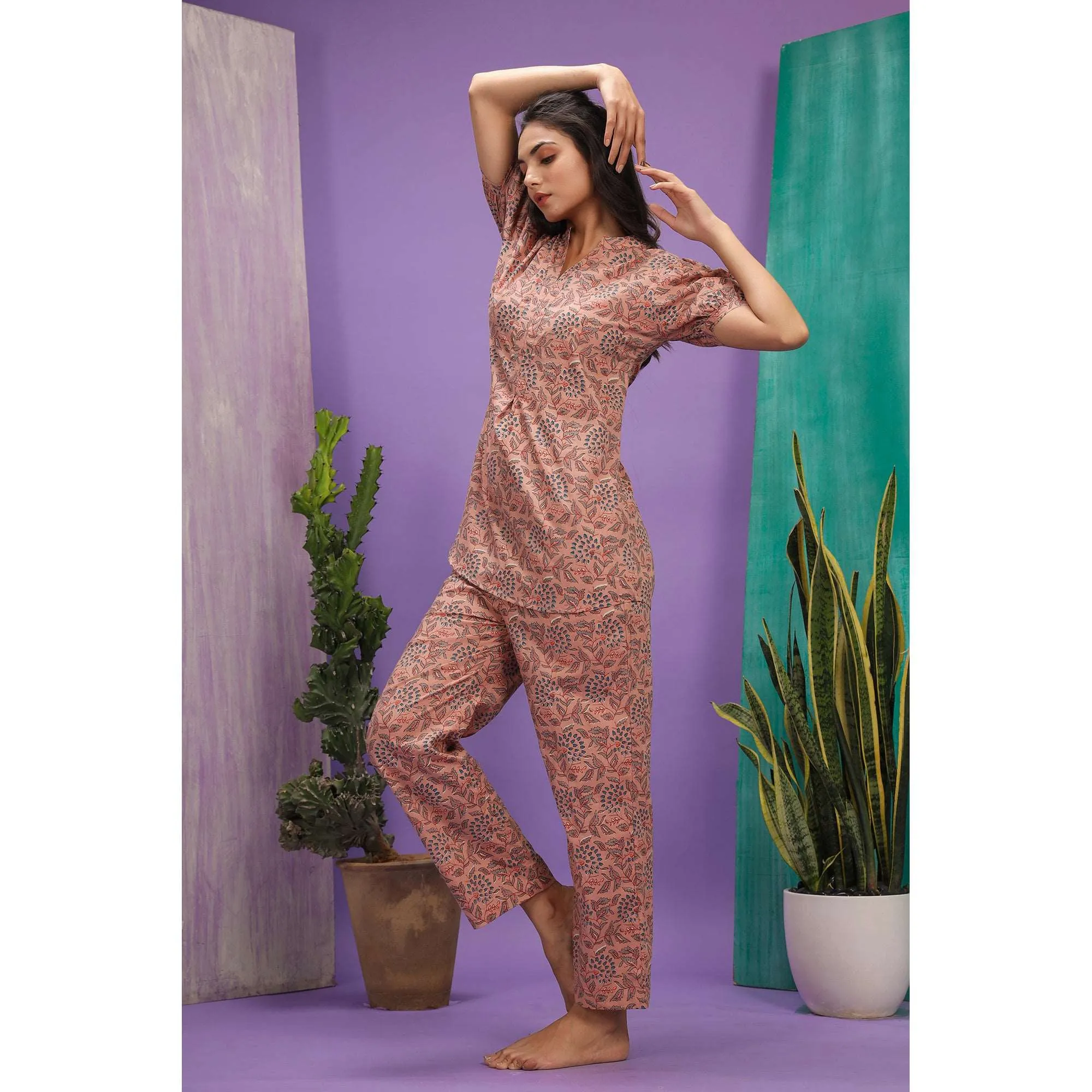 Delicate Jaal On Peach Loungewear Top Set