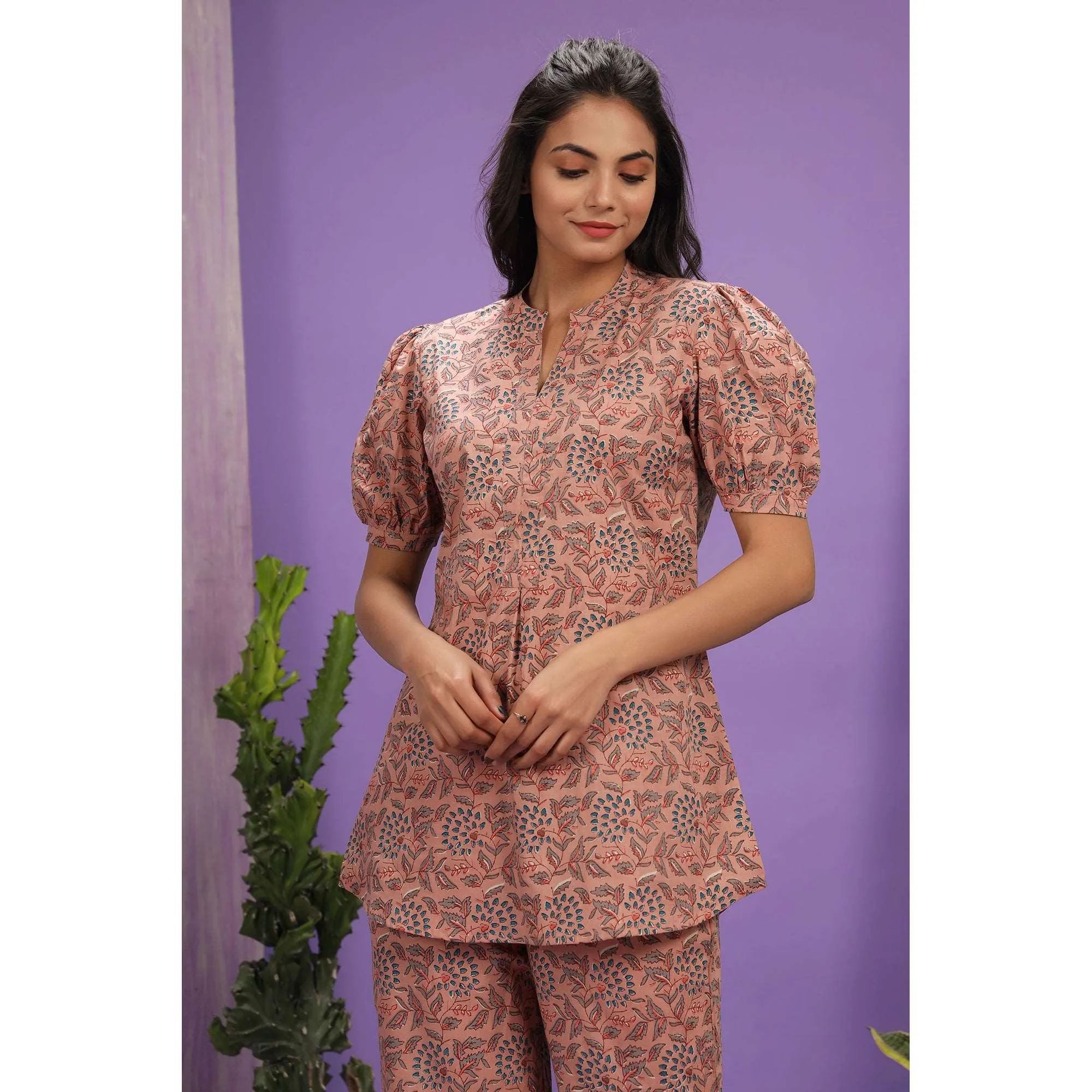 Delicate Jaal On Peach Loungewear Top Set