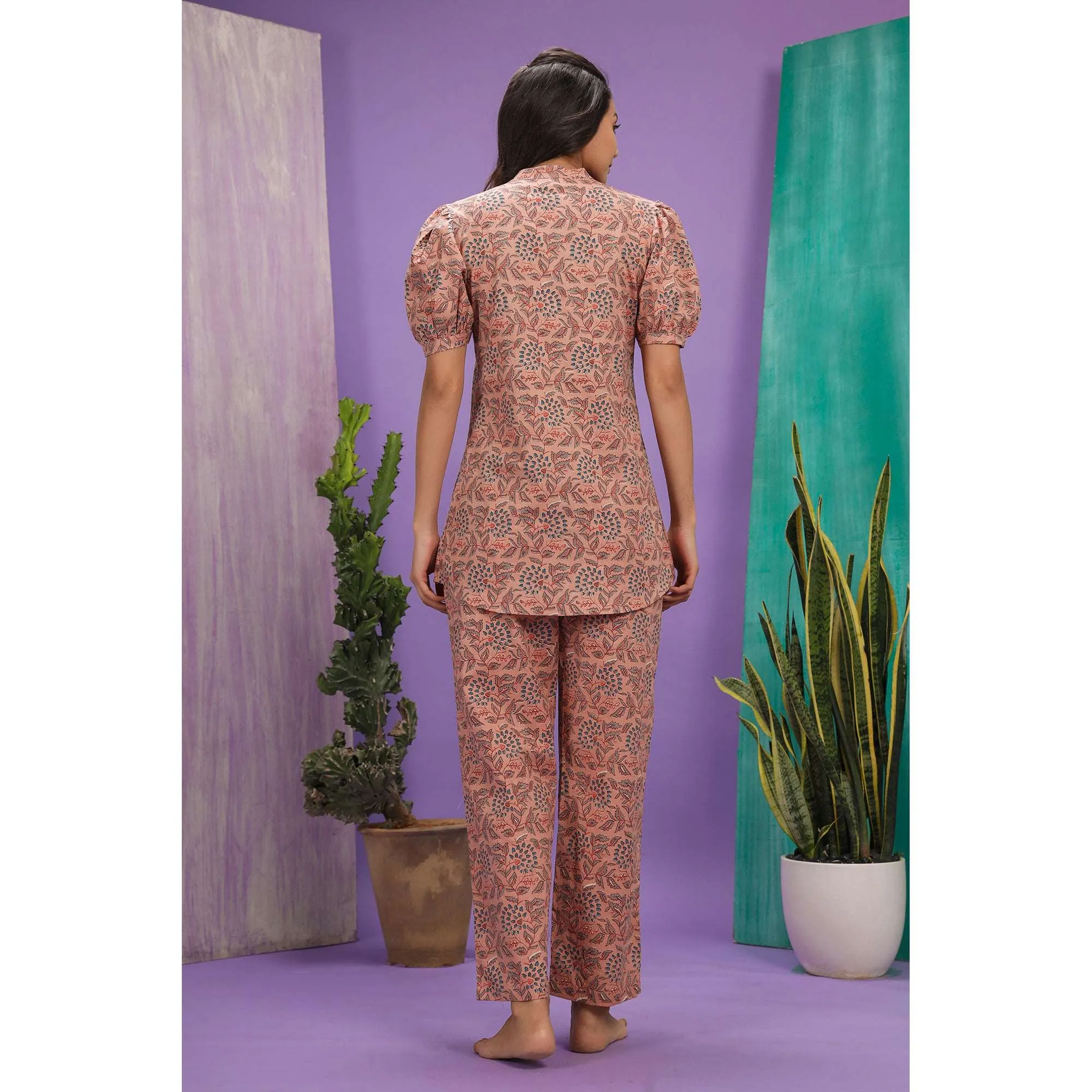 Delicate Jaal On Peach Loungewear Top Set