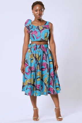 Delu Bow Side Midi African Print Skirt - Blue/ Pink/ yellow