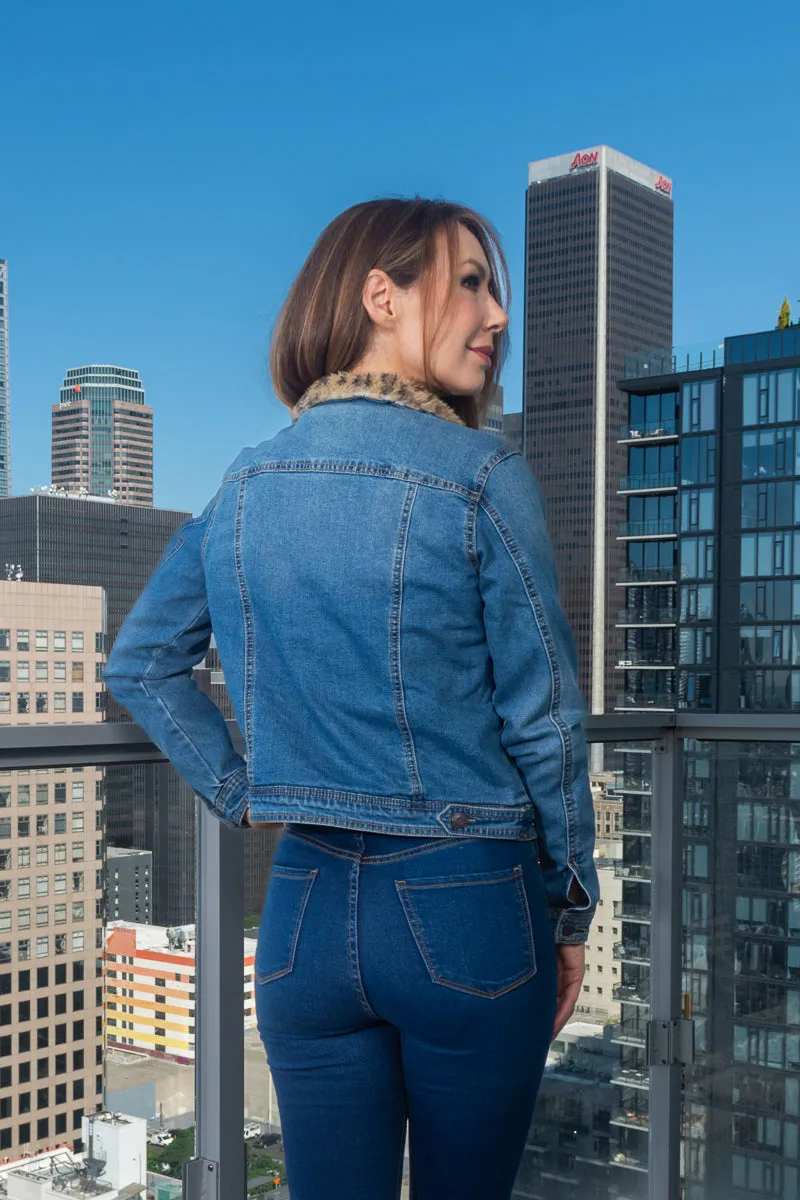 Denim Jacket With Animal Print Fur Lining and Collar W/Button Closure and 4 Front Pockets(806-J)