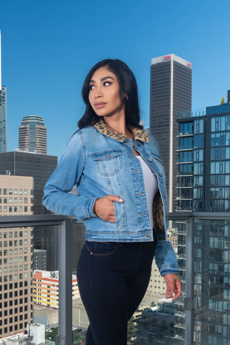 Denim Jacket With Animal Print Fur Lining and Collar W/Button Closure and 4 Front Pockets(806-J)