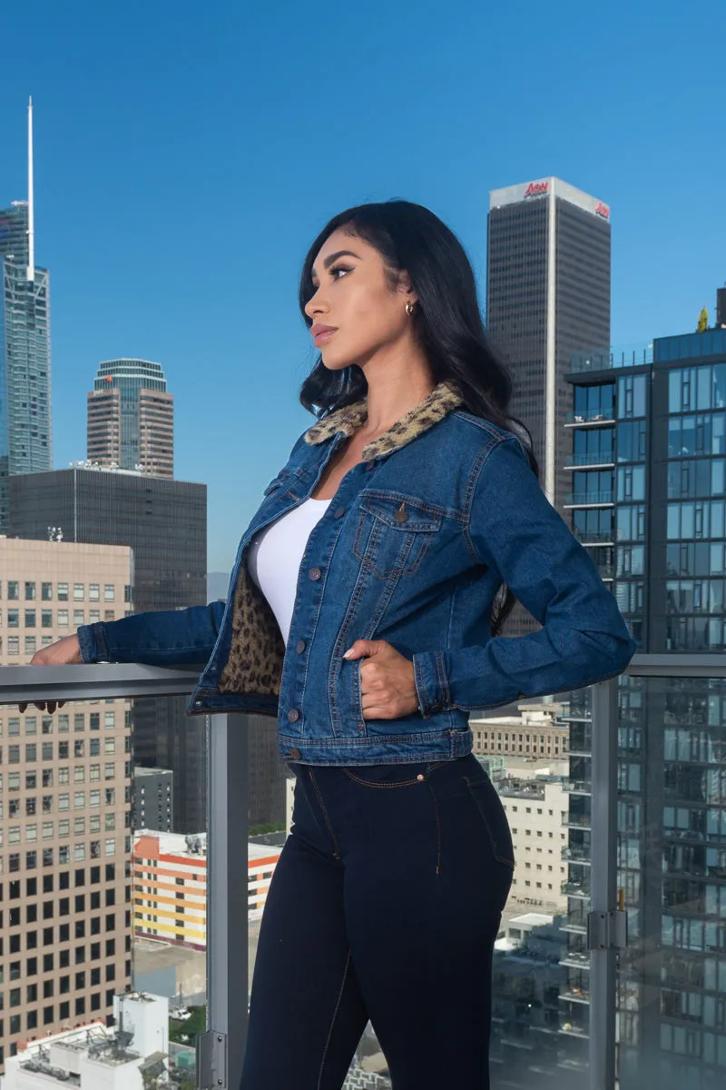 Denim Jacket With Animal Print Fur Lining and Collar W/Button Closure and 4 Front Pockets(806-J)