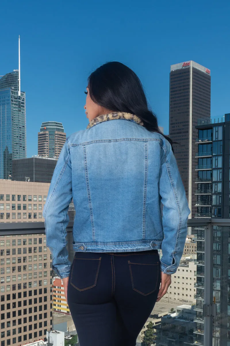 Denim Jacket With Animal Print Fur Lining and Collar W/Button Closure and 4 Front Pockets(806-J)