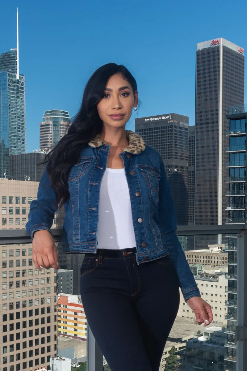 Denim Jacket With Animal Print Fur Lining and Collar W/Button Closure and 4 Front Pockets(806-J)