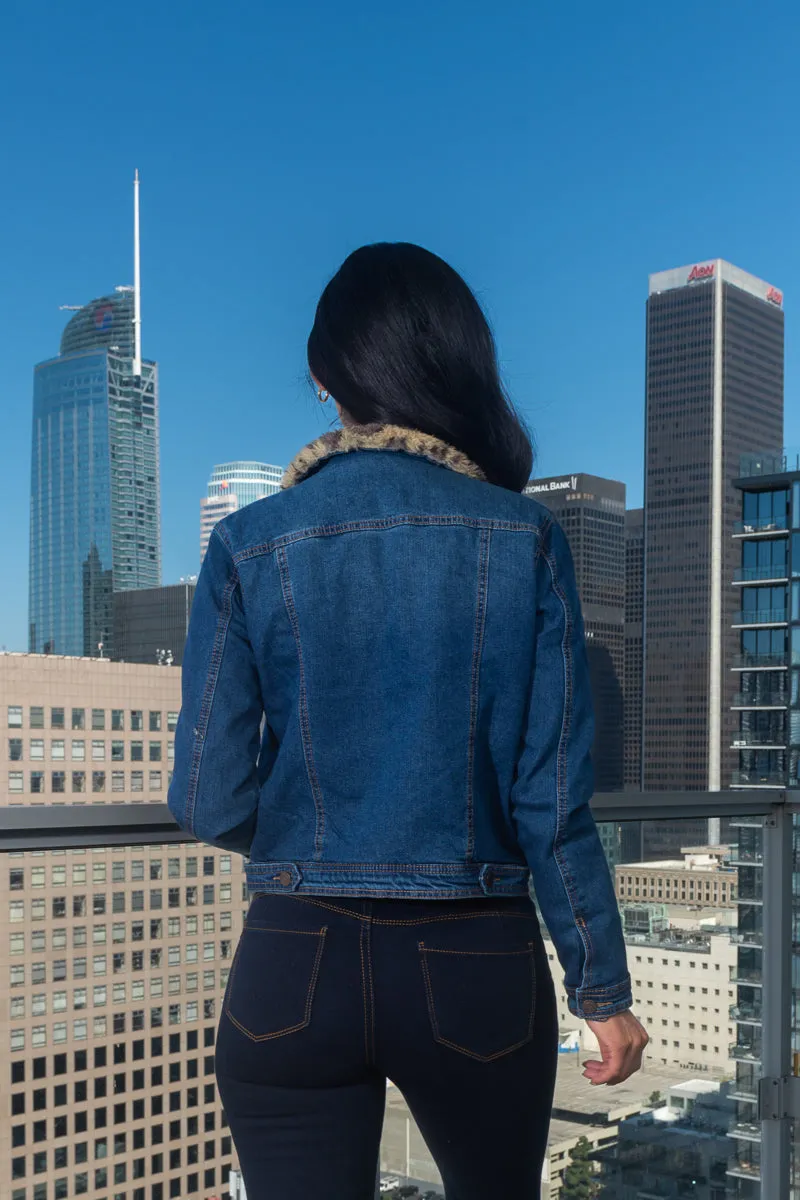 Denim Jacket With Animal Print Fur Lining and Collar W/Button Closure and 4 Front Pockets(806-J)