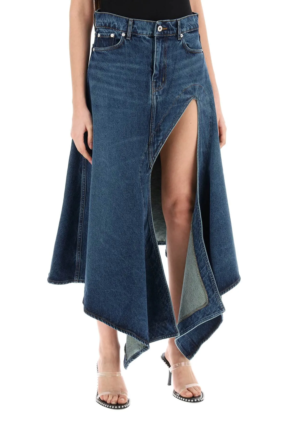 denim midi skirt with cut out details