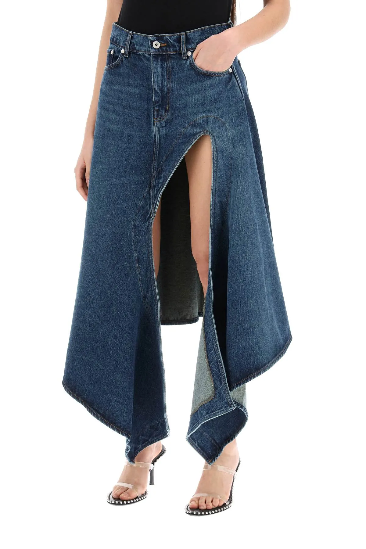 denim midi skirt with cut out details