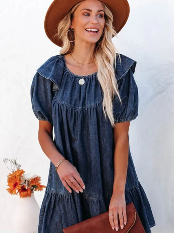 Denim Tunic Mini Dress with Puff Sleeves and Ruffle Accents