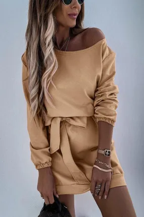 Dew Shoulder Belted Long Sleeve Mini Dress