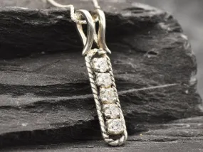 Diamond Silver Necklace - Vertical Diamond Pendant - Diamond Vintage Necklace