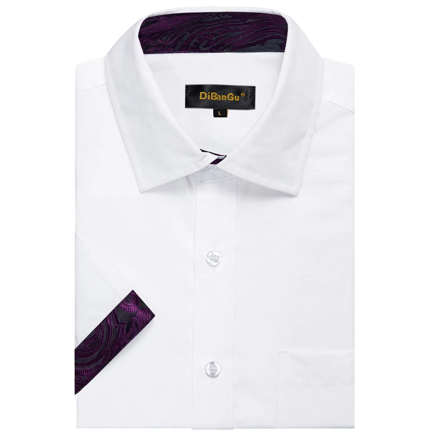 DiBanGu Work Shirt White Purple Splicing Silk Mens Button Up Short Sleeve Shirt