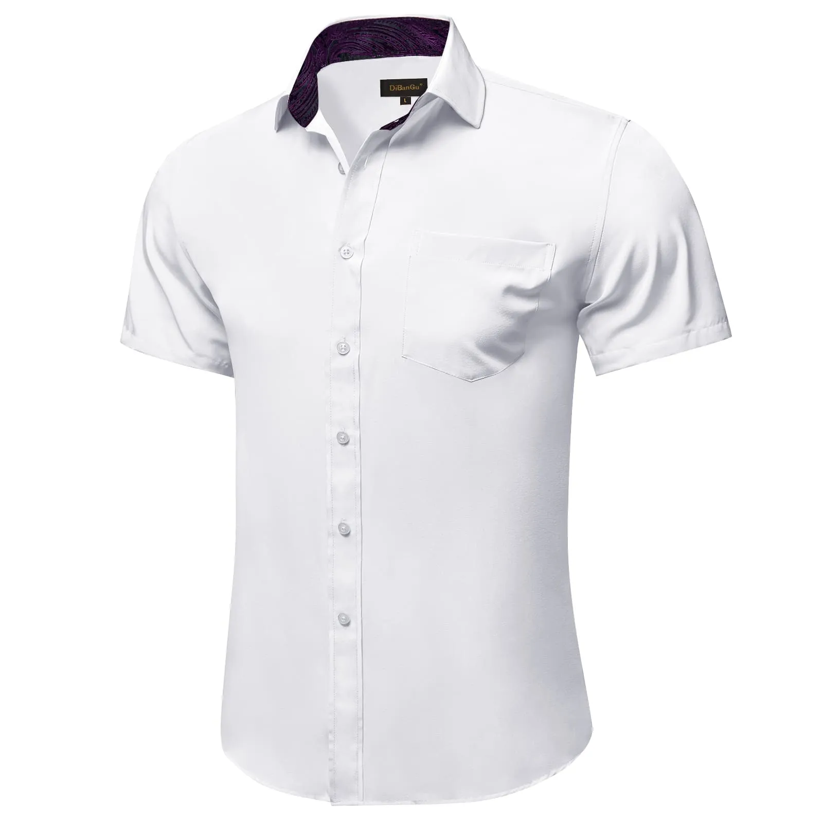 DiBanGu Work Shirt White Purple Splicing Silk Mens Button Up Short Sleeve Shirt