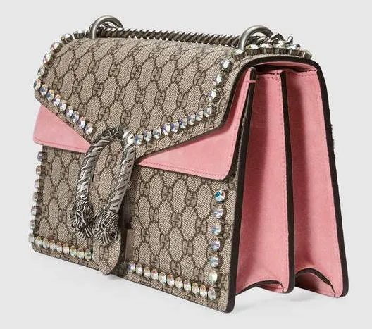 Dionysus GG Supreme Shoulder Bag with Crystals, Pink