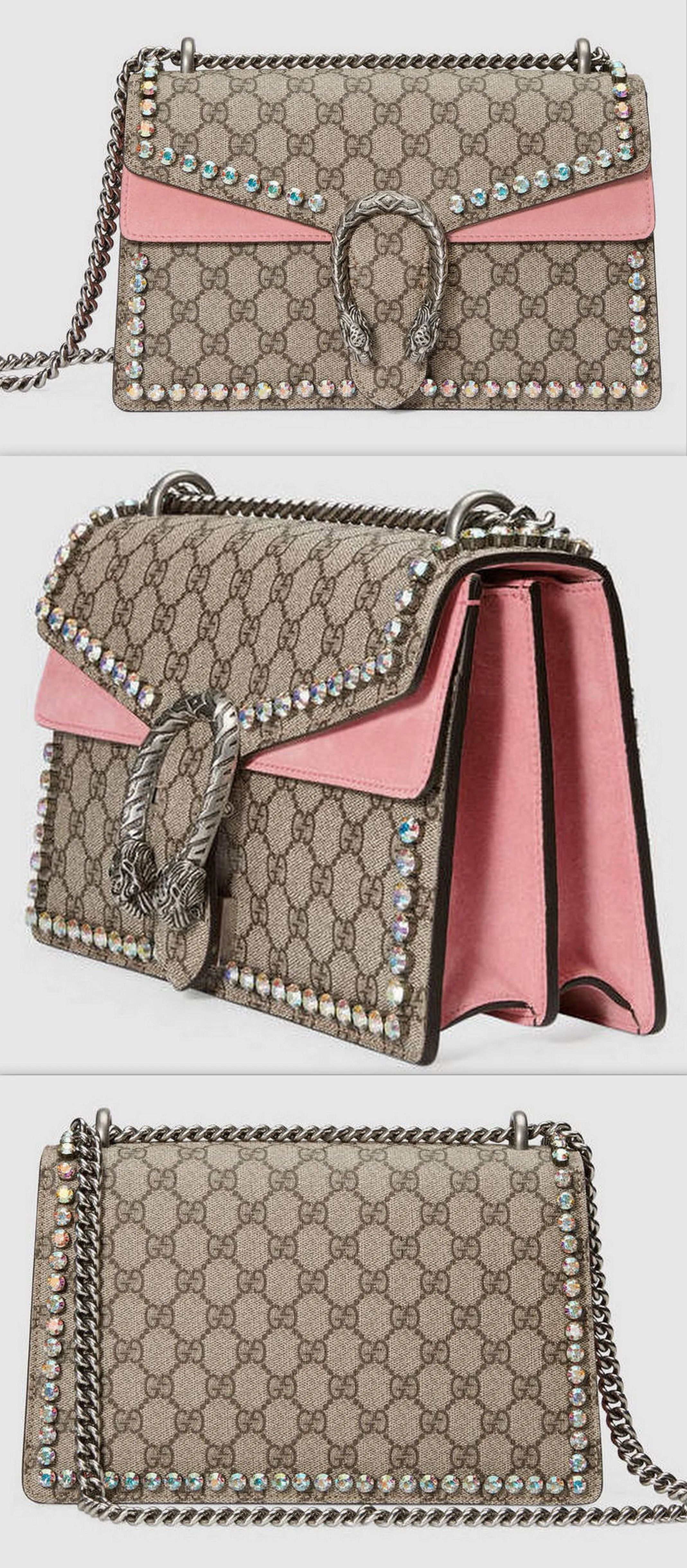 Dionysus GG Supreme Shoulder Bag with Crystals, Pink