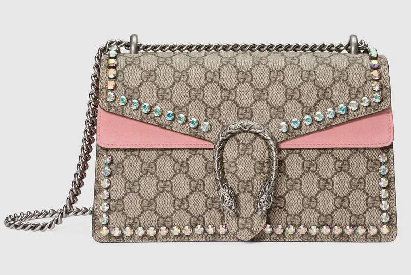 Dionysus GG Supreme Shoulder Bag with Crystals, Pink