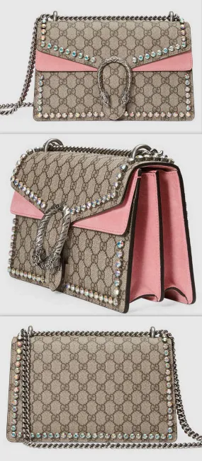 Dionysus GG Supreme Shoulder Bag with Crystals, Pink