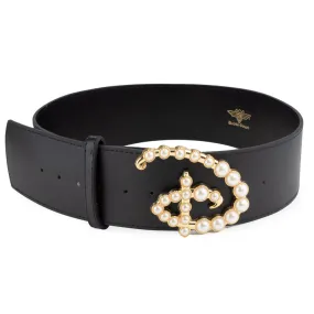 Disney Signature D Logo Faux Pearl Gold Cast Buckle - Black PU Strap Belt