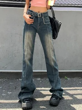Distressed Burr Waist Buckle Design Boyfriend Jeans