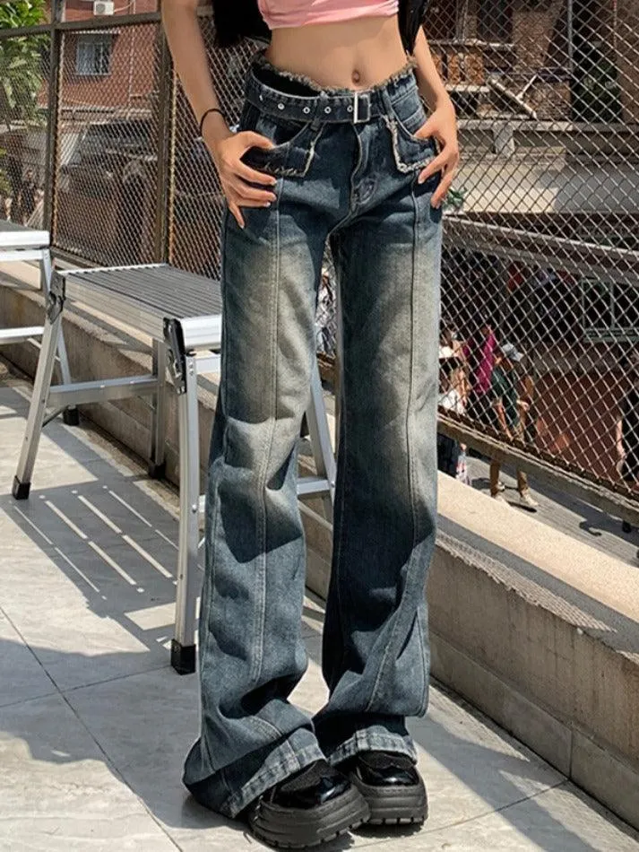 Distressed Burr Waist Buckle Design Boyfriend Jeans