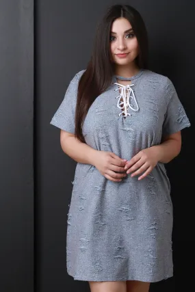 Distressed Lace-Up Short Sleeves Shift Dress