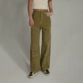 Distressed Ripped Outlined Cotton Wide Pants
