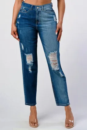 DISTRESSED TWO TONE WASH BAGGY MOM JEAN