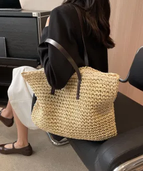 DIY Beige Zip Up Patchwork Straw Woven Satchel Bag Handbag LY1391