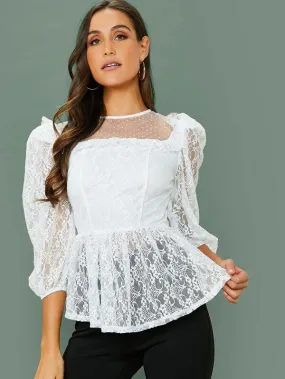 Dobby Mesh Yoke Ruffle Trim Lace Overlay Peplum Top