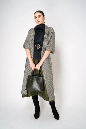 Dorothee Schumacher Double-Breasted Houndstooth Check Trench Coat Dress in Leguan Green
