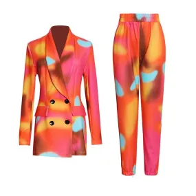 Double-breasted printed suit   elastic pants