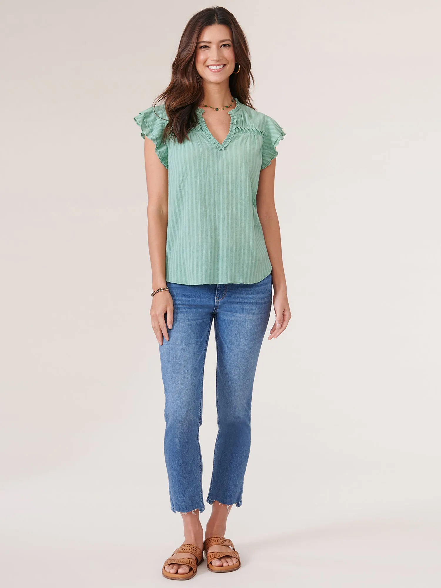 Double Flutter Short Sleeve Ruffle Neck Striped Woven Top