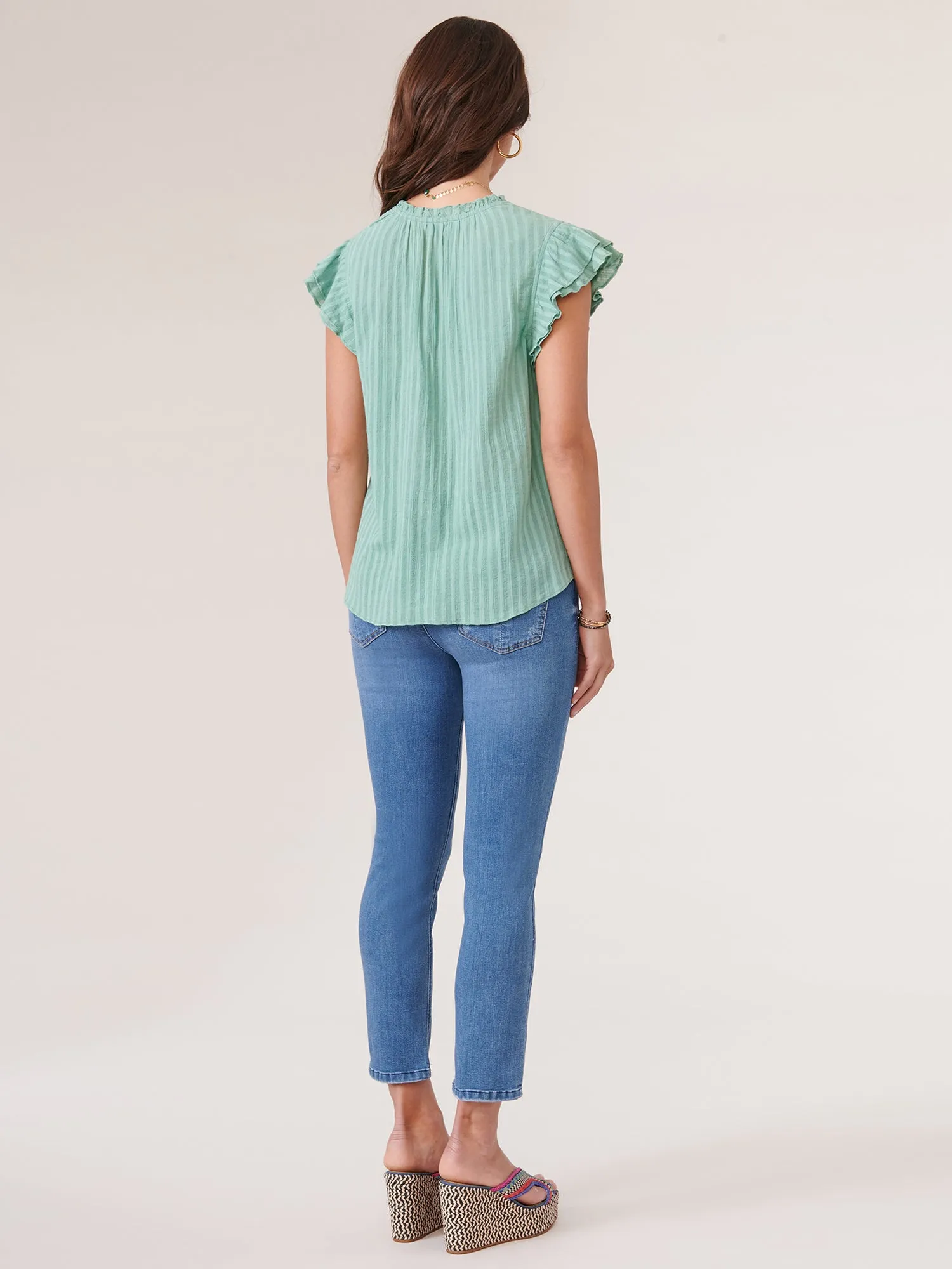 Double Flutter Short Sleeve Ruffle Neck Striped Woven Top