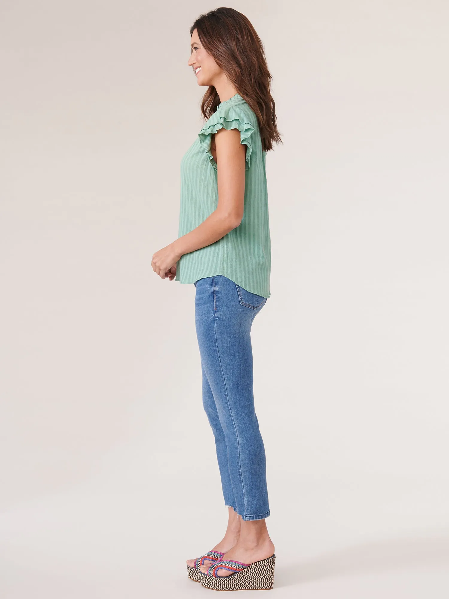 Double Flutter Short Sleeve Ruffle Neck Striped Woven Top