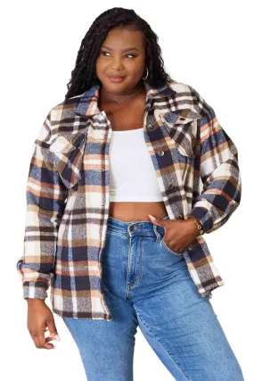 Double Take Plaid Button Front Shirt Jacket with Breast