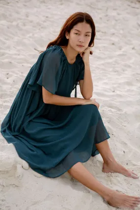 Drawstring Shoulders Breastplate Midi Dress (Teal)
